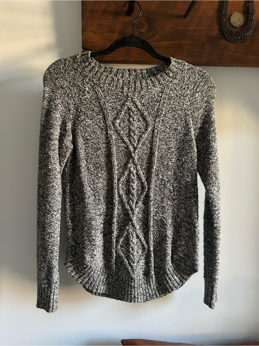 SO Marled Black & White Cable-Knit Crewneck Sweater